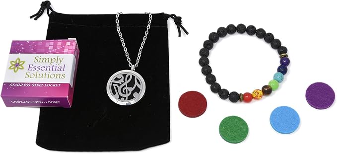 Aromatherapy Essential Oil Diffuser Stainless Steel 30MM Silver Magnetic Locket Pendant 2 Sizes Chain Necklace, Refill Pads & Diffuser Bracelet in a Velvet Bag (Music2)