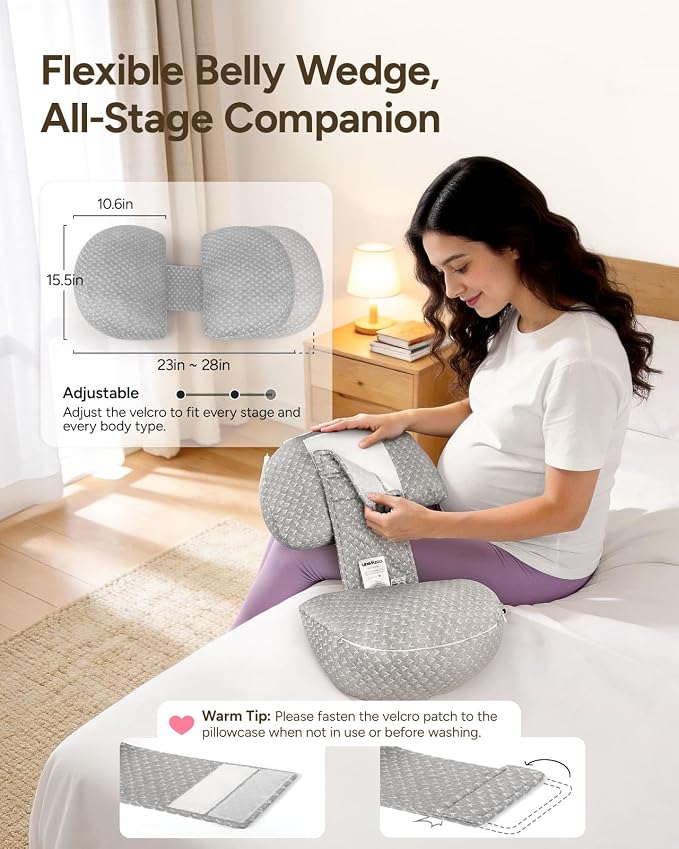 Pregnancy Wedge Pillow for Sleeping, Adjustable Maternity Pillow for Side Sleepers, Supports Back, Belly & Hip, Ideal for Pregnant Women, Bamboo Rayon Removable Cover, Grey (Plus)