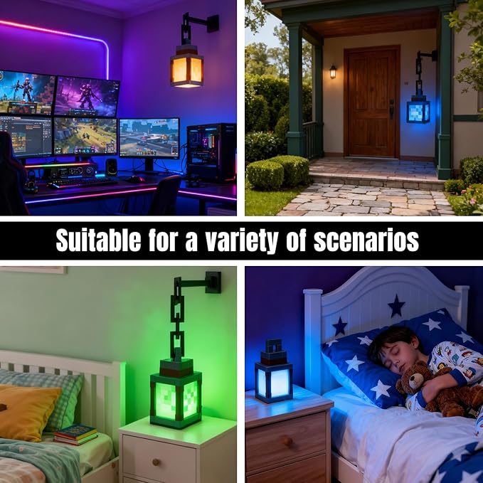 Pixelated Lantern Night Light, 16 Color LED Wall Night Light with Remote Control - Rechargeable Retro Pixel Style Table Lamp for Game Room Kids Room Decor and Children's Gifts