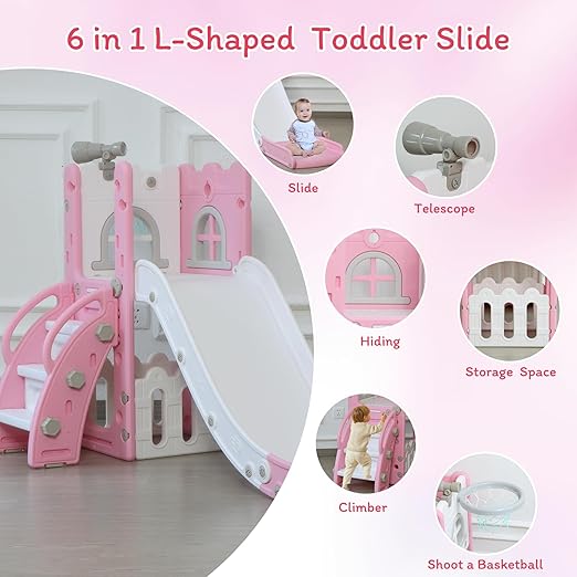 6 in 1 Toddler Slide,Kids Climber Slider for Indoor Outdoor Playground with Basketball Hoop,Storage and Telescope,L Shaped Slide for Toddler Climber Playset