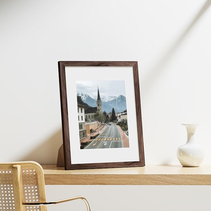 Vittanly 11x14 Picture Frames Set of 9 for Wall Mounting, Walnut | Display Pictures 8x10 with Mat or 11x14 without Mat, Engineered Wood with Shatter Resistant Plexiglass, Gallery Photo Frames