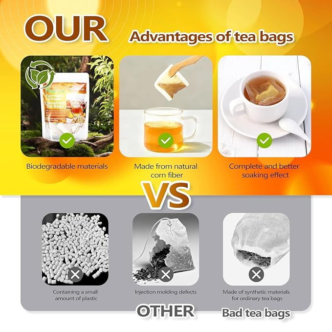30 Premium Turmeric Ginger Cinnamon Tea Bags, 100% Natural Ingredients Herbal Tea, Turmeric Ginger Herbal Blend for Wellness & Digestive Support, Vegan, No Sugar, Caffeine-Free