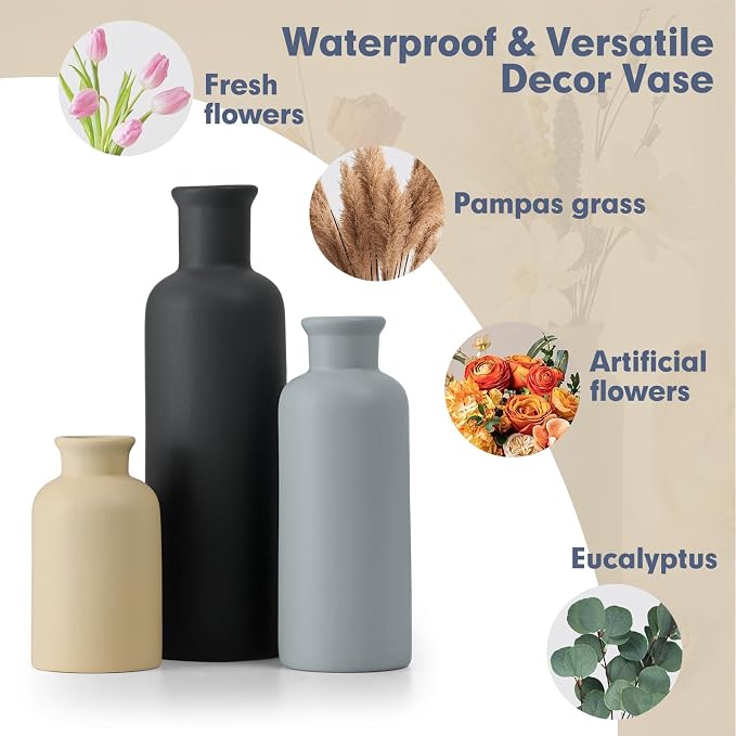 Ceramic Vase Set of 3, Neutral Rustic Vases for Farmhouse Decor Waterproof | Farmhouse Vases for Pampas Grass & Dried Flowers and Table Living Room Home Decor