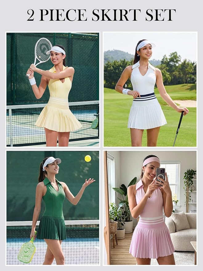 Women 2 Piece Tennis Skirt Set Polo Golf Outfits Racerback Tank Top Pleated Skort with Pockets Summer Workout Athletic Dress