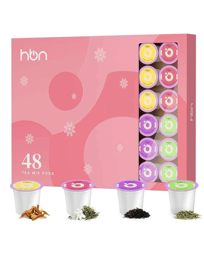 HBN Tea 48-Count Sampler Variety Pack for K-Cup Brewers, Healthy & Energizing Tea Capsules, Gift Box Set (Green, English Breakfast, Earl Grey, Jasmine)