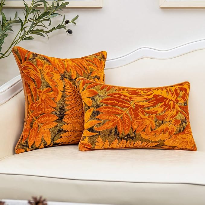 Alerfa 12 x 20 Inch Orange Rectangle Maple Leaf Pillow Embroidery Cut Velvet Cushion Case Luxury Modern Lumbar Throw Pillow Cover Decorative Pillow for Couch Sofa Living Room Bedroom Car