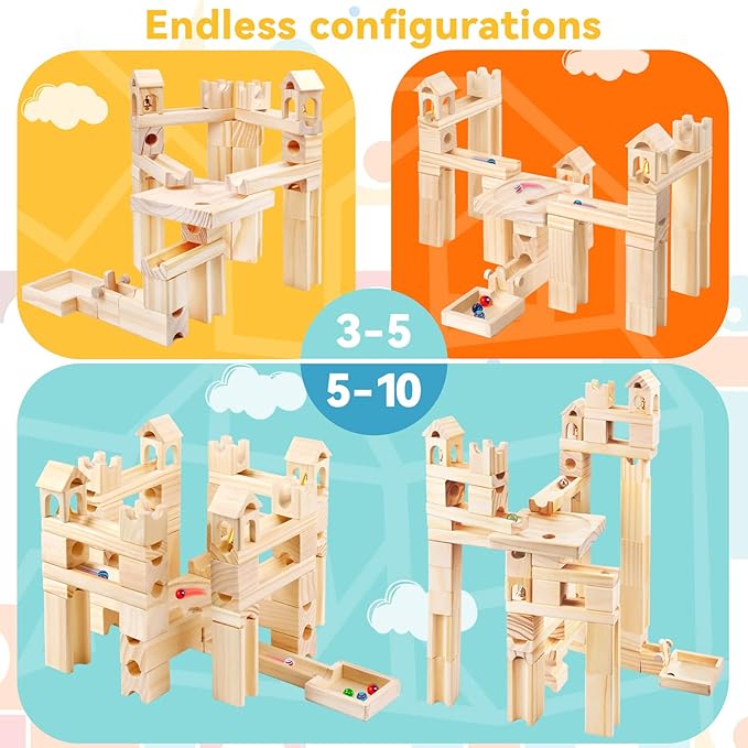 Wooden Marble Run for Kids Ages 4-8, 80 Pieces Wood Building Blocks Toys and Construction Play Set, Marble Track Maze Game STEM Learning Toys Gifts for Boys Girls (80pc Set)