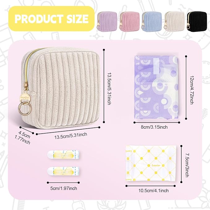 Period Bag for Teen Girls, Corduroy Sanitary Napkin Storage Bag, Fluffy Menstrual Pad PouchTampon Holder for Purse (Blue)