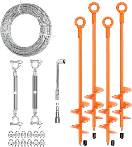 30" Ground Anchors Shed Anchors Kit with 3/16" 75FT Galvanized Cable & M6 304 Stainless Steel Turnbuckles, Heavy Duty Earth Anchors for Sheds Trees Trampoline Greenhouse Swing Set Tent, 4Pack Orange