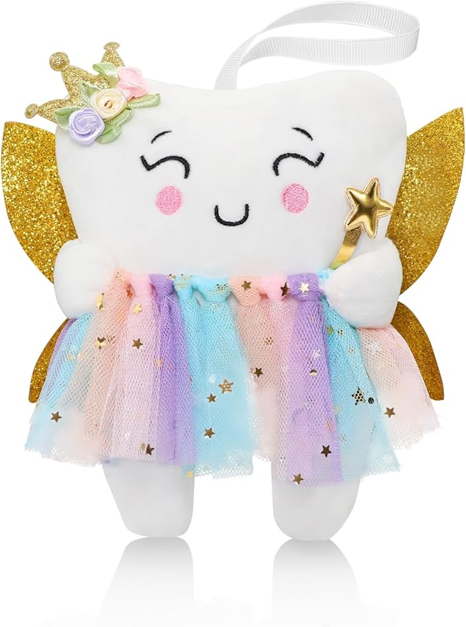 Tooth Fairy Pillow with Shiny Wings Embroidered Tooth Fairy Doll with Pocket Crystal Velvet Tooth Fairy Souvenir Boy Girl Gift (White) (Second Edition)