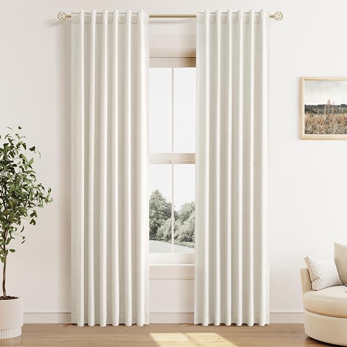 Guken 100% Blackout Linen Curtains for Bedroom 80 Inches Long Natural Cream Black Out Curtain Back Tab Thermal Insulated Room Darkening Window Drapes for Living Room 2 Panels Beige Ivory 40x80