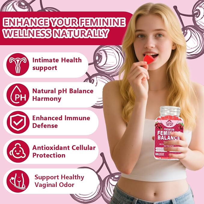Suiyilary Feminine Probiotics Gummies, Vaginal Health & Women's pH Balance Gummy Supplement with Cranberry Pineapple Powder, Sugar Free Vegan, 60 Count (Cranberry)