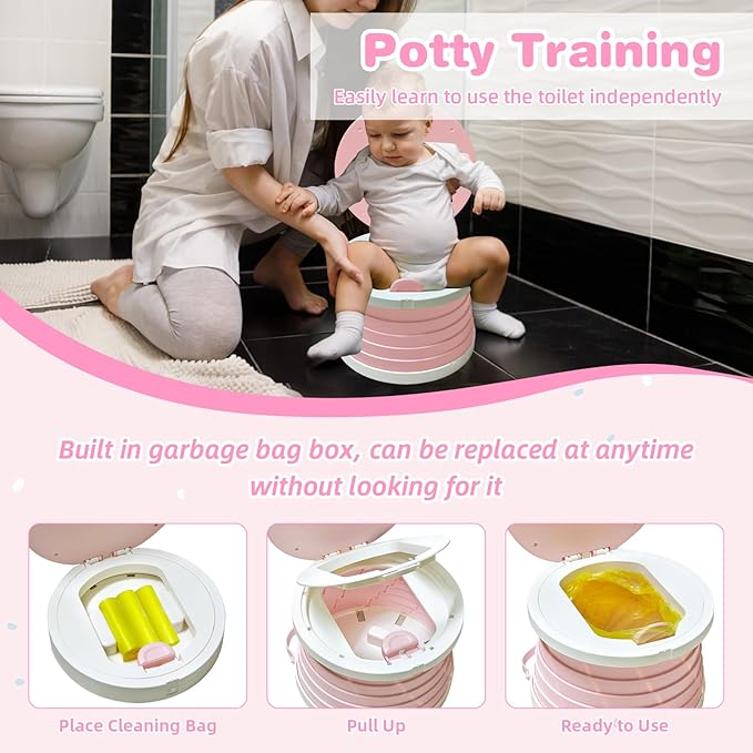 2025 Upgraded Portable Potty Training, Travel Potty for Toddler, portable toilet for kids Foldable, Apply to Seat Emergency Toilet for Camping, Outdoor,Car, Indoor(White-Pink)