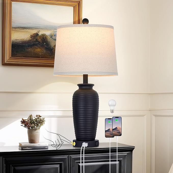 CINSARY 25" Retro Black Farmhouse Jar Table Lamps, 3 Way Touch Control Rustic Bedside Lamps with USB A+C Ports & AC Outlet, Pot Nightstand Lamps for Bedroom Living Room (LED Bulbs Included)