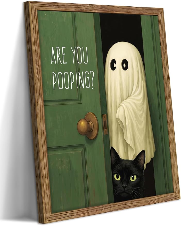 Funny Halloween Bathroom Wall Art, Vintage Cute Ghost Cat Canvas Wall Decor Paintings, Funny Are You Pooping Artwork Poster Print Picture for Bathroom Restroom 16x24 Inch Framed