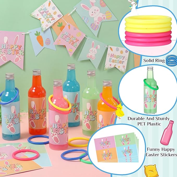 Leitee 56 Pcs Easter Ring Game Toss Happy Easter Day Plastic Bottle Labels Bean Bag Backyard with Mixed Color Rings Hoops for Adults Family Outside Sport Party