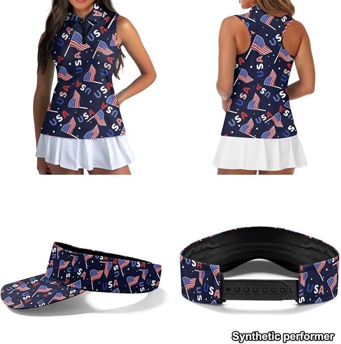 POLERO Golf Tank Top Women Golf Shirts and Visor Hat Collared Racerback Tennis Shirt Set Quarter Zip