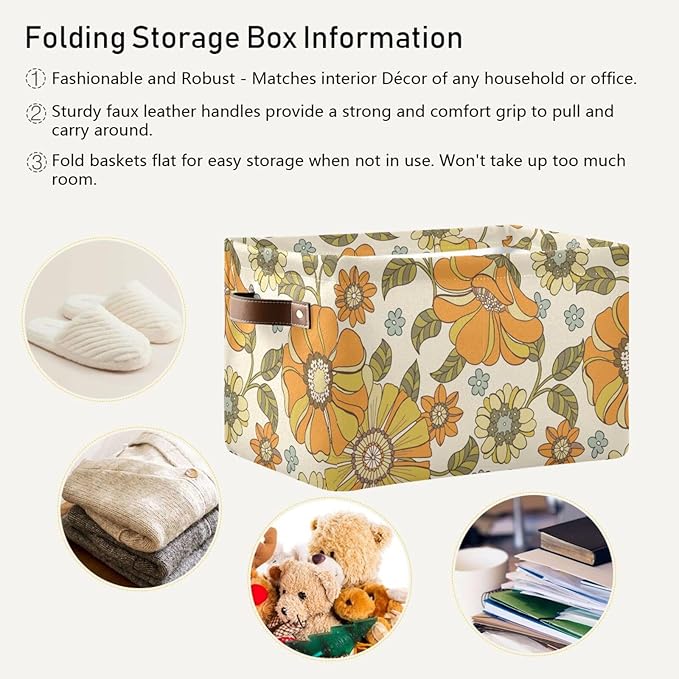 Aslsiy Storage Basket Vintage 70s Style Flowers Nursery Bins Baby Box Canvas Clothes Shelf Basket Laundry Hamper Gift Baskets for Home Closet 1 Pcs