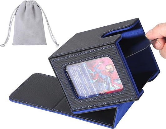 AFIING MTG Deck Box for Commander Display,Card Deck Box Fits 100 Double Sleeved Cards, Magic Commander TCG Storage Box with 2 Dividers,Drawstring Bag and 1 Toploader(Black/Blue)