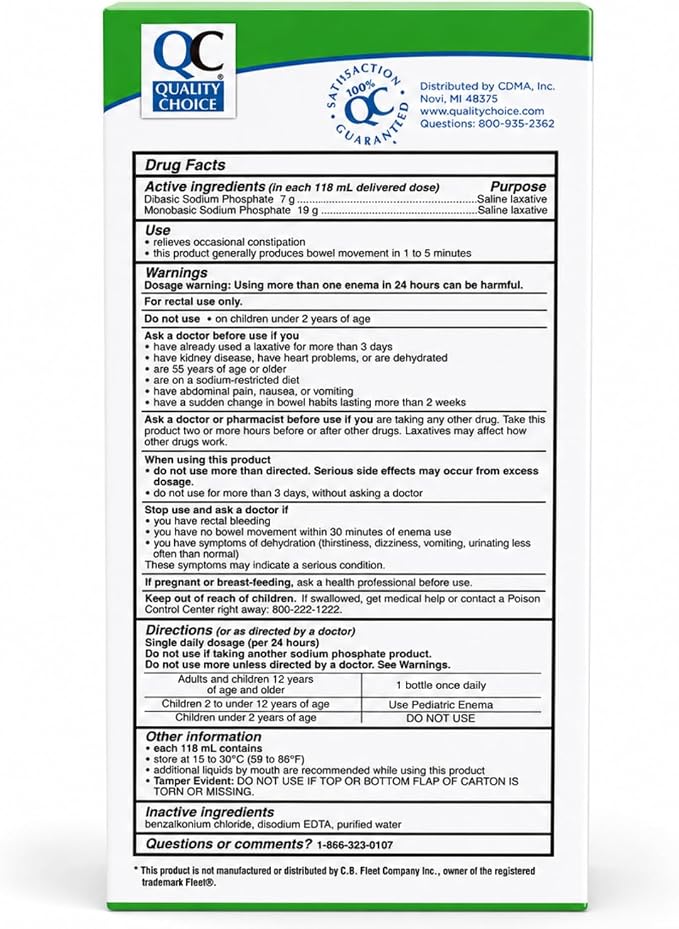 QC, Enema Sodium Phosphates Rectal Solution, Latex Free 2 Bottles