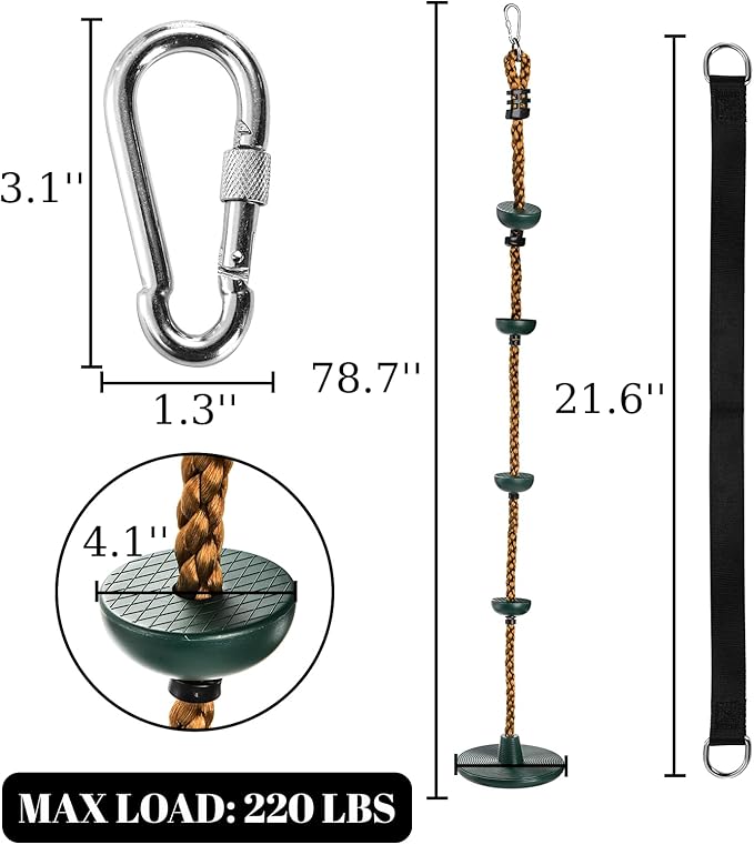 ZENFUN Climbing Rope with Platform and Disc, Tree Swing Seat Set Outdoor Playground Accessories Including Bonus Hanging Strap & Carabiner, Secure Trees House Swings, Gym Backyard, Max Load: 220lb