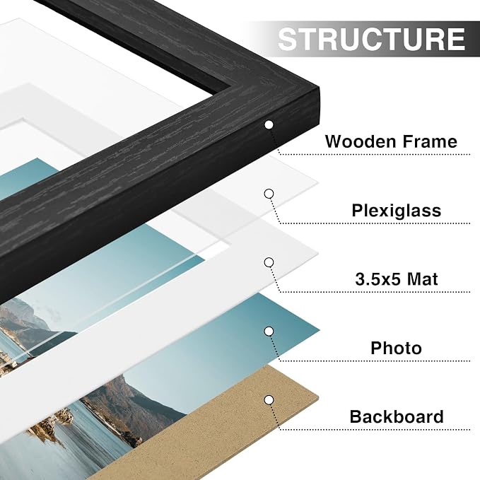 Vittanly 4x6 Picture Frames Set of 9, Black&Brown&Distressed White | Display Pictures 3.5x5 with Mat or 4x6 without Mat, Small Photo Frames, Engineered Wood with Shatter Resistant Plexiglass