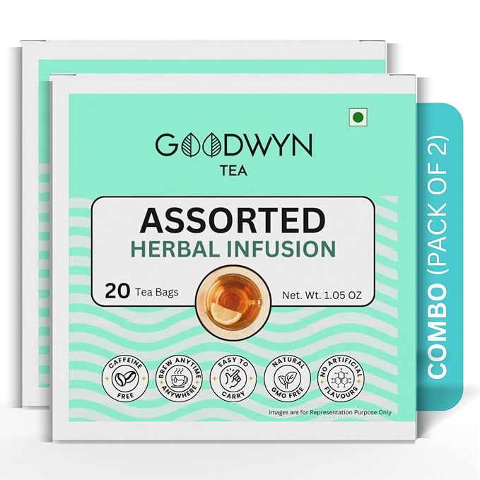 Goodwyn Assorted Herbal Infusion Tea (40 Tea Bags) | 4 Premium Caffeine-Free Varieties | Chamomile, Turmeric Ginger Cinnamon, Spearmint & Hibiscus | 100% Natural | Plastic Free Tea Bags |Herbal Tea Variety Pack for Wellness Lovers