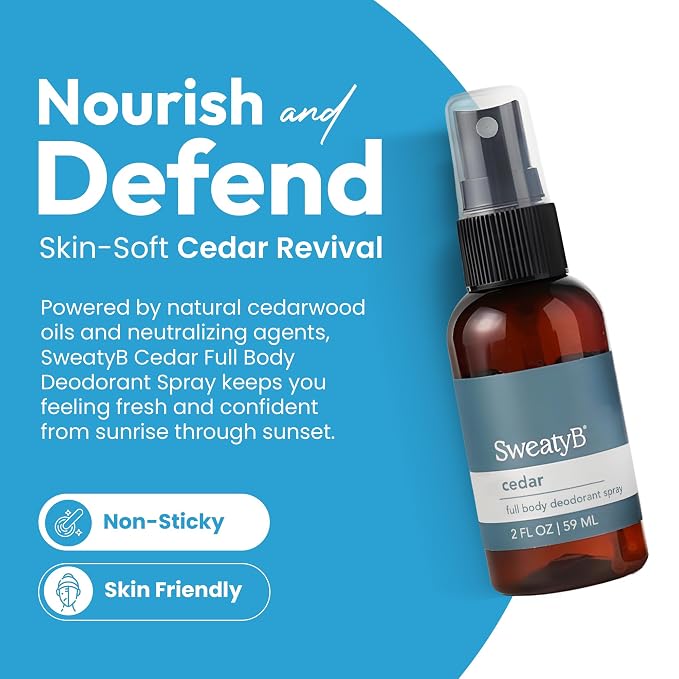 SweatyB® Full Body Deodorant Spray - Non-Irritant, Sensitive Skin-Friendly Spray for Women & Men - Made in USA - Cedar - 2 oz - 1 pack