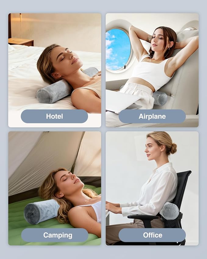 Luxtude Inflatable Neck Roll Pillow for Sleeping, Travel Cervical Pillow for Neck Pain Relief, Cylinder Support Pillows Round Bolster Pillows for Bed, Lumbar Roll, Legs, Back and Yoga (Grey-3.9in)