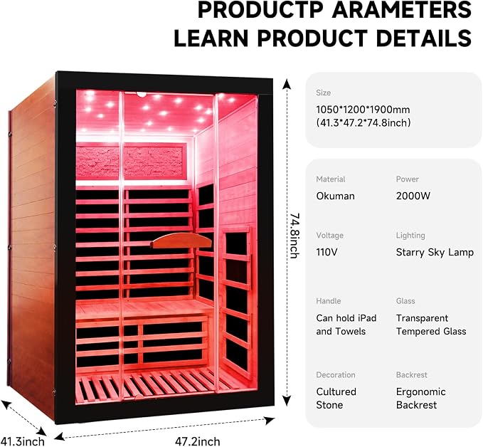 OUTEXER Infrared Sauna 2000W Wooden Saunas Home Spa Room Wood Low-EMF Indoor Saunas with with 7 Color Starry Sky Ceiling Light for Two Person 74.8 * 47.2 * 41.3Inch