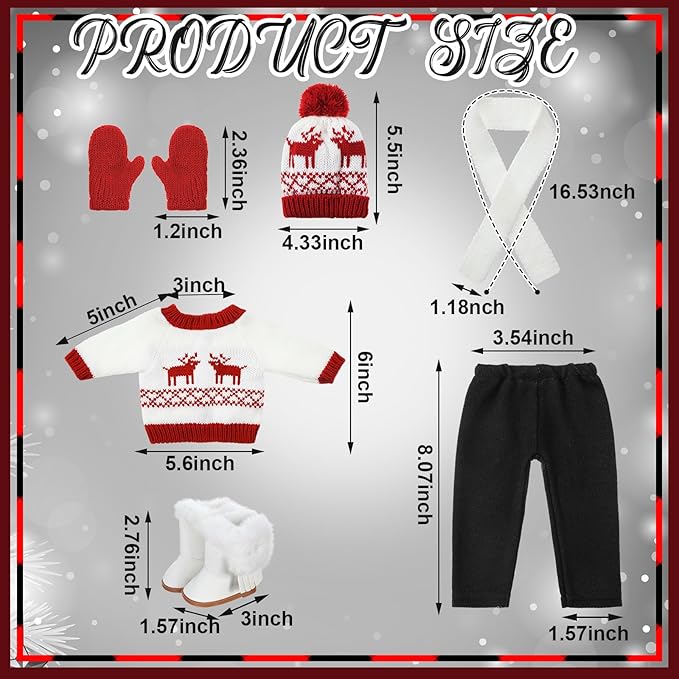 6 Pcs Christmas 18 Inch Doll Clothes and Accessories Winter Outfits Set Sweaters Trousers Hats Shoes for 18 Inch Doll Gift(White and Red,Deer)