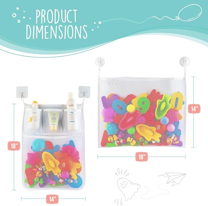 Comfylife 2 x Mesh Bath Toy Organizer + 6 Ultra Strong Hooks + 36 Bath Letters & Numbers – Eco-Safe, Fun, Educational Foam Letters and Perfect Toy Storage Net for Baby Bath Toys & More