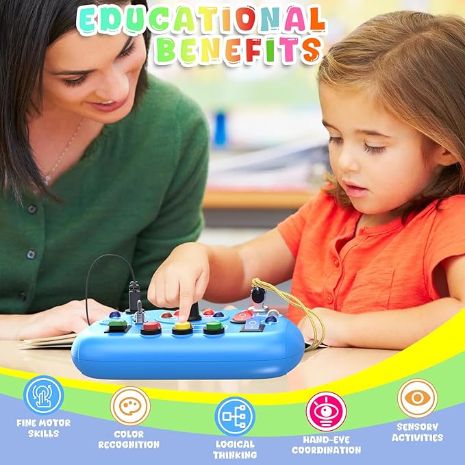 Montessori Busy Board, LED Light Switch Toy, Montessori Switch Fidget Board Travel Toys for Toddlers 1 2 3 4+ Year Old, Early Development Busy Board for Kids Boys Kindergarten Graduation Gifts (Blue)