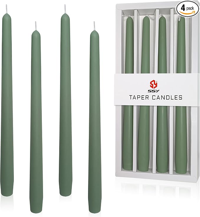 Green Taper Candle 10 inch - Set of 4 Tapered Candles Ideal as Dinner Candles - Cedar Scented Taper Candles Smokeless Long Burning Tall Candlesticks