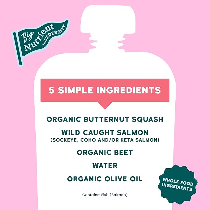 Serenity Kids 6+ Months Salmon Baby Food Pouches - Wild-Caught Salmon & Butternut Squash - High-Protein Baby Snacks - No Sugar Added Toddler Meals - 3.5 Oz, Pack of 6