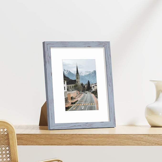 Vittanly 8x10 Picture Frames Set of 9, Wall & Tabletop, Vintage Blue-Gray | Display Pictures 5x7 with Mat or 8x10 without Mat, Small Photo Frames, Engineered Wood with Shatter Resistant Plexiglass