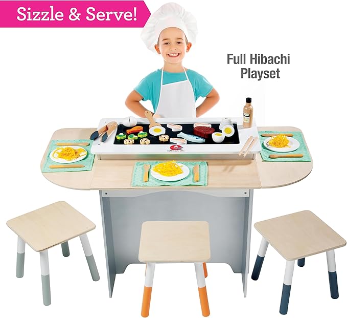Hibachi Grill Wooden Kids Playset w Stools, Table Settings & Over 25 Toy Food Pieces- Noodles Tongs Meats Veggies- Everything a Little Chef Needs for Pretend Play, Indoor Japanese Restaurant Stand