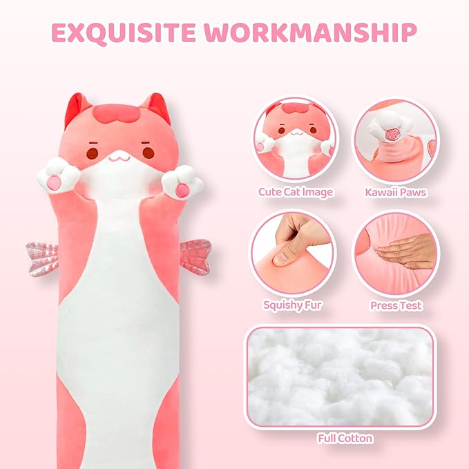 Long Cat Plush 5 Sizes, 120% Extra Filling Giant Plushness Kids Body Pillow, Kawaii Cute Pink Cat Stuffed Animals Plushies, Big Long Body Pillow Cat Plush Gift for Girls 44”