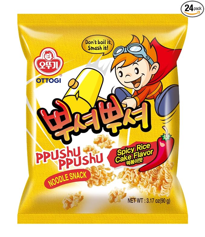 OTOKI Ppushu Ppushu Noodle Snack Spicy Rice Cake (Tteokbokki) Flavor, Korean Ramen Snack, Crush to Eat, 90g, 24 Pack