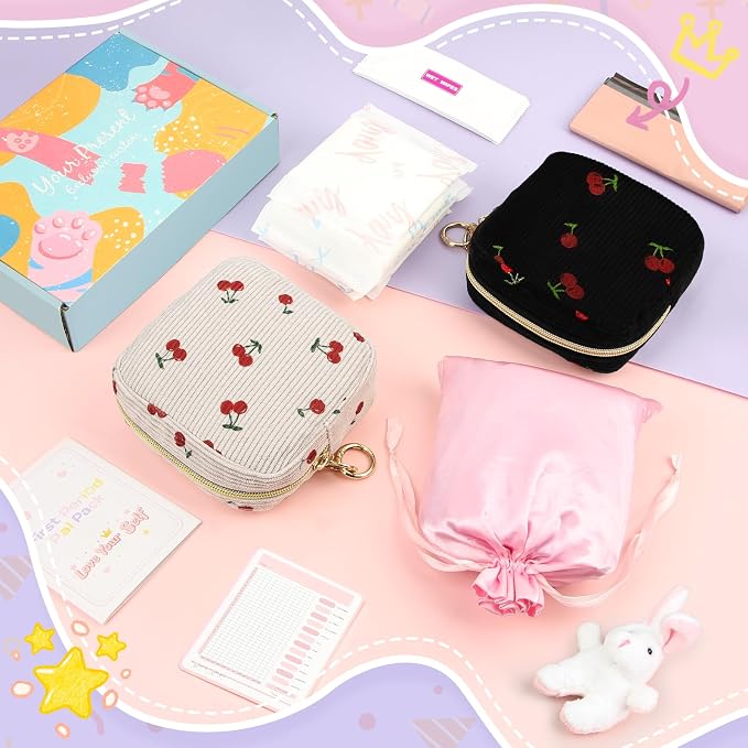 First Period kit for Girls, Corduroy Cute Sanitary Napkin Storage Bag, Menstrual Pad Bag Tampon Holder for Purse, First Period Gifts (Cherry-Black)