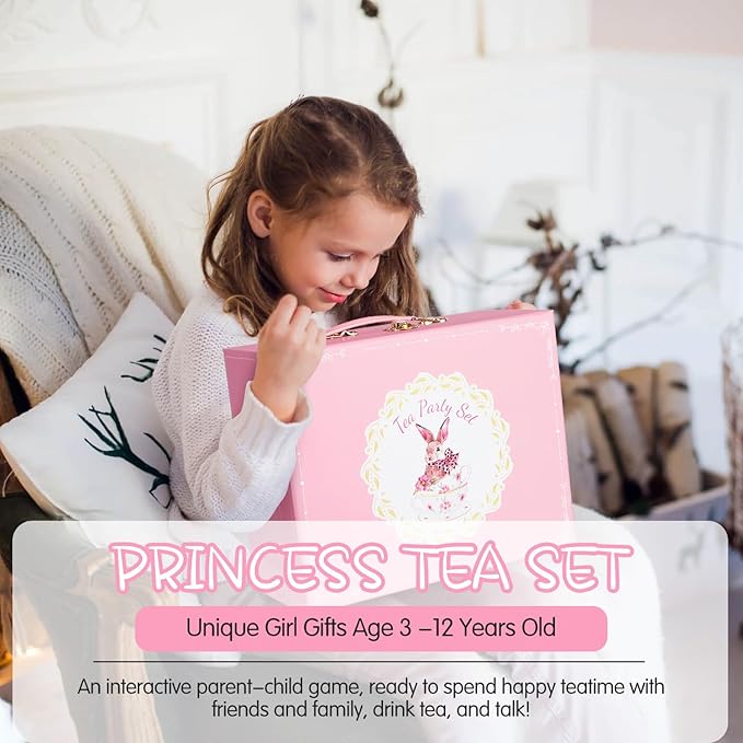 Porcelain Tea Set for Girls, Tea Party Set for Little Girls, Kids Tea Set Kitchen Pretend Play, Princess Tea Time Playset with Ceramic Teapot Cups Carry Case, Toddler Girl Toys Birthday Gifts Age 3+