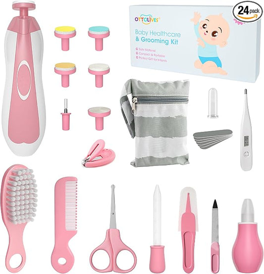 Baby Healthcare and Grooming Kit, 24 in 1 Baby Electric Nail Trimmer Set Newborn Nursery Health Care Set for Newborn Infant Toddlers Baby Boys Girls Kids Haircut Tools (0-3 Years+) (Pink)