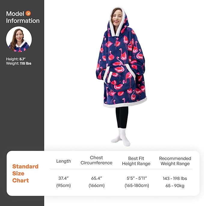 Giggling Getup Wearable Blanket Hoodie for Adults Gifts for Teen Girls Sister Women Sherpa Fleece Printed Hooded Blanket Sweatshirt Warm Cozy with Pocket & Sleeves Blue Flamingo
