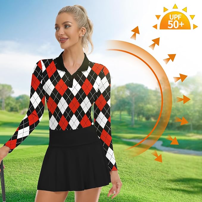 Soneven Womens Golf Shirts Moisture Wicking V Neck Long Sleeve Polo Shirts Collared Tops
