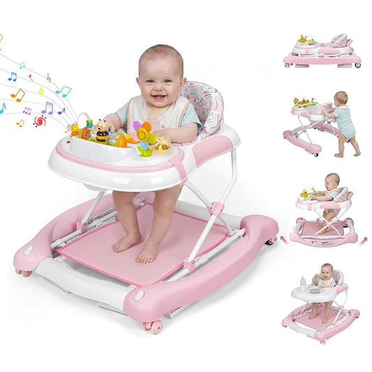 5 in 1 Baby Walker, Music and Lights Foldable Baby Walker with Wheels, 3 Adjustable Heights, with Bouncer Combo, Rocker, Activity Walker for Baby Boy and Girl 6-18 Months (Pink)