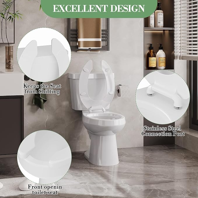 18.5 Inch Elongated Open-Front Toilet Seat, Commercial Heavy Duty Public Toilet Lid Without Cover, Never Loosen Design for Office, Church, Hospital Use (White)