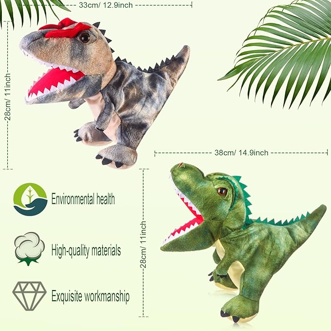 Animal Hand Puppets 11 Inch Sea Turtle Plush Dinosaur Animals Hand Puppet Toys Role-Play Toy Puppets for Kids Storytelling Imaginative Pretend Play Teaching Preschool(Rex and Dilophosaurus)
