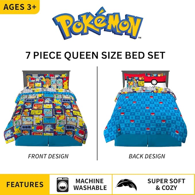 Pokémon Pikachu Queen Size Bedding Set – Kids Bedding Super Soft Cozy Reversible Comforter and Sheet Set with Sham, 7 Piece Queen Size, (Officially Licensed Product) by Franco