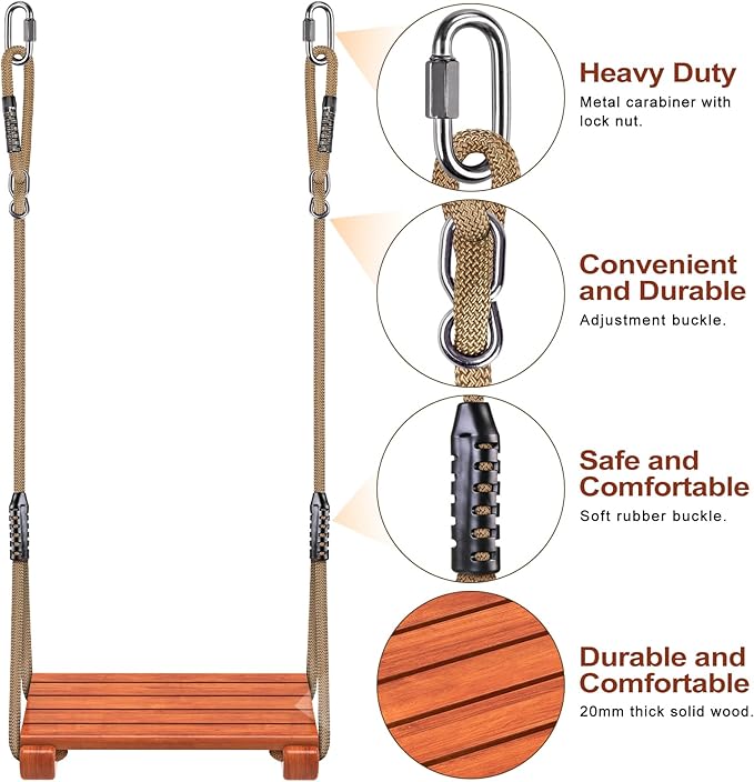 SELEWARE Wooden Swing Seat with Adjustable Rope | Heavy Duty Flat Tree Swing for Adults & Kids, Indoor/Outdoor Playground Swing Set (17.5 x 10.6 Inch)