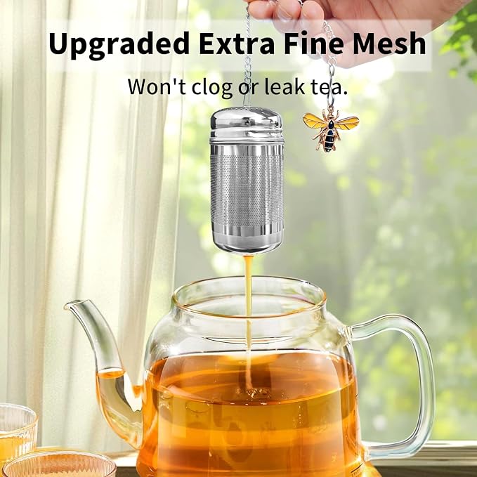 2 Pack Tea Strainers for Loose Tea with 2 Drip Trays & Bee Charms, Extra Fine Mesh Tea Infuser, 304 Stainless Steel Tea Steeper, for Brew Tea, Spices & Seasonings